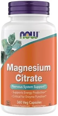 Now Supplements, Magnesium Citrate, Enzyme Function*, Nervous System Support*, Critical for Enzyme Function*, Gluten Free, Vegan, Kosher, Non-GMO 360 Vegetarian Capsules Now Supplements, Magnesium Citrate, Enzyme Function*, Nervous System Support*, Critical for Enzyme Function*, Gluten Free, Vegan, Kosher, Non-GMO 360 Vegetarian Capsules