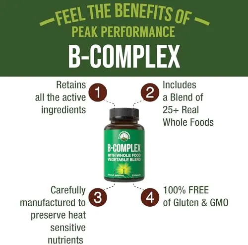 Peak Performance Raw Whole Food Vegan B Complex Supplement. Best B-Complex with Vitamin B1, B2, B3, B5, B6, B7, B9 and B12. Vitamins 90 Capsules. Energy Boost - Image 3