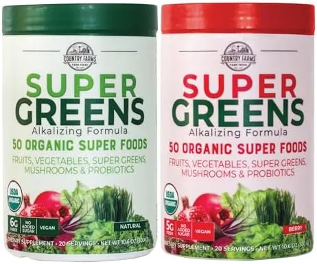 COUNTRY FARMS Super Greens Power Pack, 50 Organic Super Foods, Greens Powder with Probiotics for Gut Health & Bloating Relief, Supports Energy, Unflavored & Berry, 40 Serving