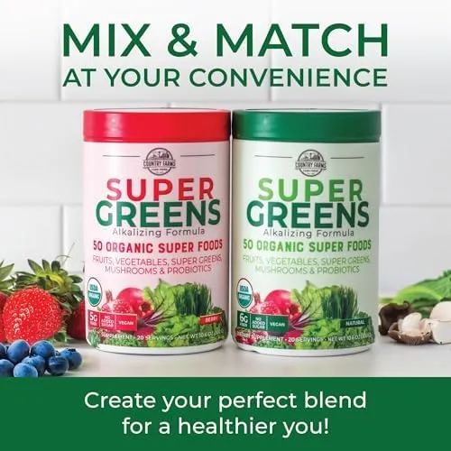 COUNTRY FARMS Super Greens Power Pack, 50 Organic Super Foods, Greens Powder with Probiotics for Gut Health & Bloating Relief, Supports Energy, Unflavored & Berry, 40 Serving - Image 5