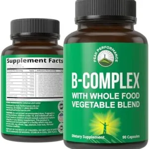Peak Performance Raw Whole Food Vegan B Complex Supplement. Best B-Complex with Vitamin B1, B2, B3, B5, B6, B7, B9 and B12. Vitamins 90 Capsules. Energy Boost