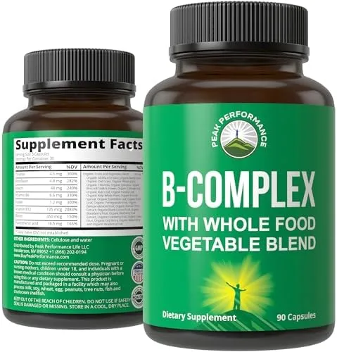Peak Performance Raw Whole Food Vegan B Complex Supplement. Best B-Complex with Vitamin B1, B2, B3, B5, B6, B7, B9 and B12. Vitamins 90 Capsules. Energy Boost