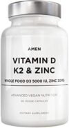 Amen Vitamin D, K2 & Zinc, Cholecalciferol D3 5000 IU, Organic Whole Food Blend with Apple, Blueberry, Cranberry, Elderberry Powder Fruits, Vegan Supplement, D3 K2 Vitamins, Non-GMO – 60 Capsules