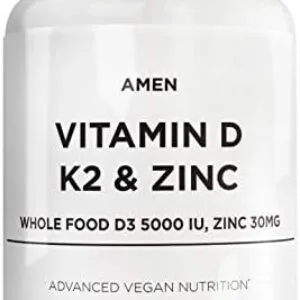 Amen Vitamin D, K2 & Zinc, Cholecalciferol D3 5000 IU, Organic Whole Food Blend with Apple, Blueberry, Cranberry, Elderberry Powder Fruits, Vegan Supplement, D3 K2 Vitamins, Non-GMO – 60 Capsules