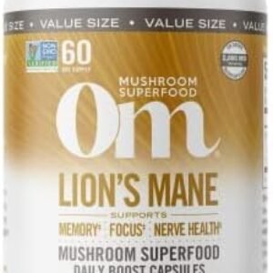 Om Mushroom Superfood Lion’s Mane Mushroom Capsules Superfood Supplement, 180 Count, 60 Days, Fruit Body and Mycelium Nootropic for Memory Support, Focus, Clarity, Nerve Health, Creativity and Mood