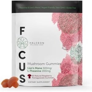 Halceon Wellness Mushroom Gummies – Lion’s Mane Mushroom and L-Theanine Supplement for Brain Health – Nootropic Mushroom Supplement – Non-GMO Vegan Lion Mane Mushroom Gummies for Focus – 60 Count