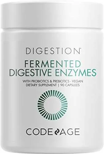 Codeage Digestive Enzymes Supplement, 3-Month Supply, Gut Health Probiotics, Prebiotics, Fermented Multi Enzymes, Plant-Based Superfood, One Capsule a Day, Vegan, Non-GMO, 90 Capsules