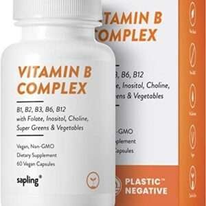 sapling Vegan Vitamin B Complex – Whole Food Blend with Essential B Vitamins B1, B2, B3, B5, B6, B7, Folate, B12-60 Caps