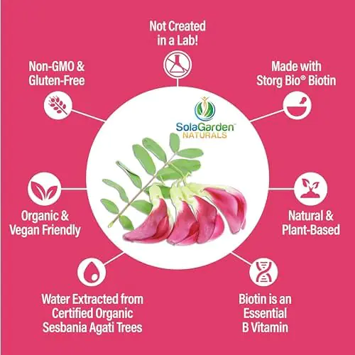 Whole Food Biotin Supplement - Contains Certified Organic Plant Based Biotin from Sesbania Agati Trees - by SolaGarden Naturals. May Support Hair, Skin and Nails. 60 Non GMO Veggie Capsules. - Image 4