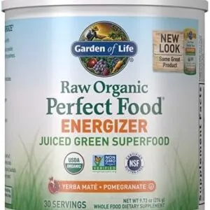 Garden of Life Raw Organic Perfect Food Energizer Juiced Green Superfood Powder – Yerba Mate Pomegranate, 30 Servings, Green Superfood Powder & Probiotics, Gluten Free Whole Food Greens Supplements