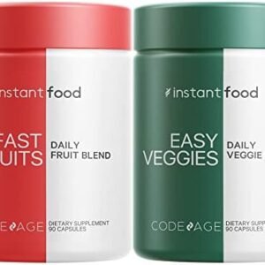 Instantfood Easy Veggies + Fast Fruits Vitamins Bundle, 30+ Daily Vegetables & Fruits, Whole Food Greens & Fruits Multivitamin Capsules, Fibers, Vegan Superfood Minerals Supplement, Non-GMO, 180 ct