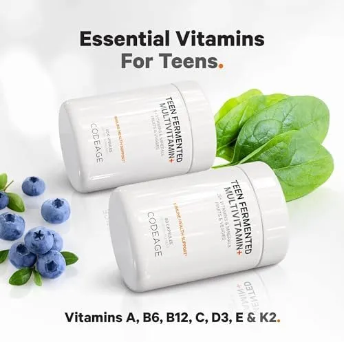 Codeage Teen’s Daily Multivitamin Supplement, 25+ Vitamins & Minerals for Teenage Boys & Girls, Organic Whole Foods Vitamins for Teenagers, Vitamin A, B Vitamins, Vitamin C, D, E, K, Omega-3, 2 Pack - Image 4