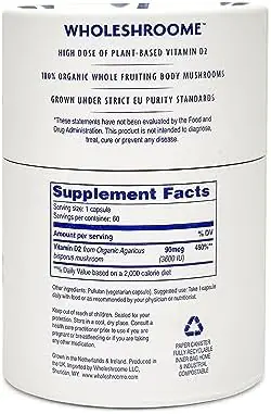 Wholeshroome Vitamin D2 | Premium European Mushroom Supplement | High Potency (3600 IU) of Organic Whole Food Vitamin D from Mushrooms | Supports Immune, Bone Health Energy and Mood - Image 2