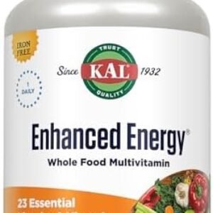 KAL Enhanced Energy Supplements, Once Daily Whole Food Multivitamin for Women and Men, Iron Free, 23 Essential Vitamins, Minerals, Super Foods, Digestive Enzymes, 60-Day Guarantee, 60 Serv, 60 VegTabs