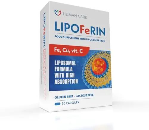 Lipoferin Food Supplement with Liposomal Iron, Cooper, Vitamin C, Vitamin B2 – Liposomal Formula with High Absorption, Adults & Children 6+, Gluten - Lactose Free, One Capsule per Day, Human Care LLC
