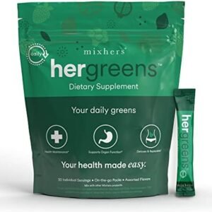 MIXHERS Hergreens – Greens & Veggie Powder – Made from Whole Foods – with Digestive Enzymes & Kale – Nutrition Designed for Women – Support Heart & Liver – 30 Drink Packets – Apples & Pomegranate