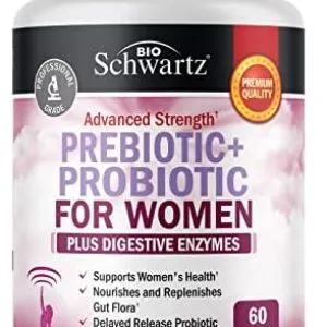 Prebiotics and Probiotics for Women – with Black Cohosh and Red Clover for Gut, Vaginal and Immune Health Support, Whole Food Digestive Enzymes Capsules, Lactobacillus Probiotic Supplement, 60 Count