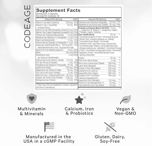 Codeage Teen’s Daily Multivitamin Supplement, 25+ Vitamins & Minerals for Teenage Boys & Girls, Organic Whole Foods Vitamins for Teenagers, Vitamin A, B Vitamins, Vitamin C, D, E, K, Omega-3, 2 Pack - Image 2