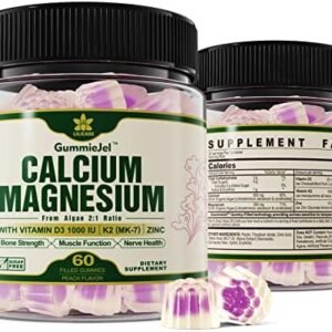 Plant Based Calcium Supplement 600mg, Whole Foods Algae Calcium Magnesium 2:1 Ratio with Vitamin D3, K2, Zinc for Bone Strength, Sugar Free Calcium Gummies for Women & Men, Vegan, Peach Flavor, 60 Cts