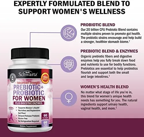 Prebiotics and Probiotics for Women - with Black Cohosh and Red Clover for Gut, Vaginal and Immune Health Support, Whole Food Digestive Enzymes Capsules, Lactobacillus Probiotic Supplement, 60 Count - Image 4
