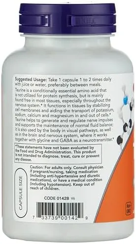 NOW Foods by Now Double Strength Taurine Nervous System Health 1000mg 100 Capsul - Image 2