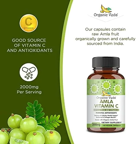 Organic Veda Amla Capsules Natural Vitamin C Supplements - Organic Whole Food Vitamin C Amla Powder for Immunity, Skin Radiance, Antioxidants Wellness - Non GMO, Raw Vegan Vitamin C Capsules 120 - Image 4
