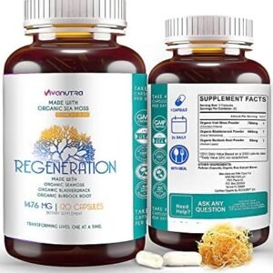 Irish Sea Moss Organic Bladderwrack Burdock Root 120 Capsules – Wildcrafted Seamoss Raw Organic Herb Cell Health Irish Moss Powder Gel Pills – Alkaline Supplements Vegan Super Food – 2 Month Supply