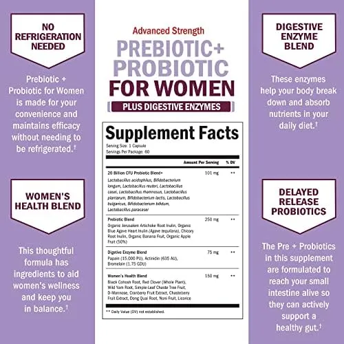 Prebiotics and Probiotics for Women - with Black Cohosh and Red Clover for Gut, Vaginal and Immune Health Support, Whole Food Digestive Enzymes Capsules, Lactobacillus Probiotic Supplement, 60 Count - Image 3