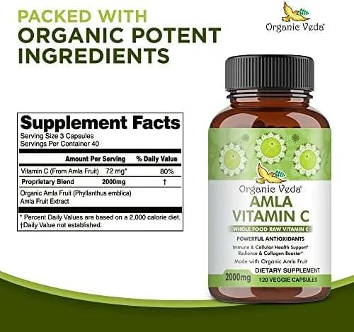 Organic Veda Amla Capsules Natural Vitamin C Supplements - Organic Whole Food Vitamin C Amla Powder for Immunity, Skin Radiance, Antioxidants Wellness - Non GMO, Raw Vegan Vitamin C Capsules 120 - Image 3