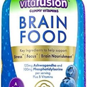 Vitafusion Brain Food Gummy Supplement: 125mg Ashwagandha, 100mg Phosphatidylserine per Serving, B Vitamins, 50ct (25 Day Supply), Blueberry Flavor from America’s Number One Gummy Vitamin Brand