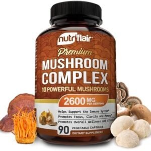 NutriFlair Mushroom Supplement 2600mg, 90 Capsules – 10 Mushrooms Blend – Reishi, Lions Mane, Cordyceps, Chaga, Turkey Tail, Maitake, Shiitake, Oyster Nootropic Complex – Brain, Energy, Focus Pills